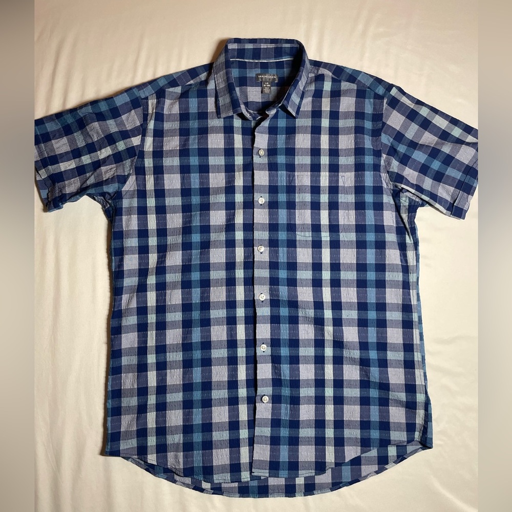 Van Heusen Blue / Blue Plaid Shirt Button Up Long Sleeve Men Size L 16-16.5